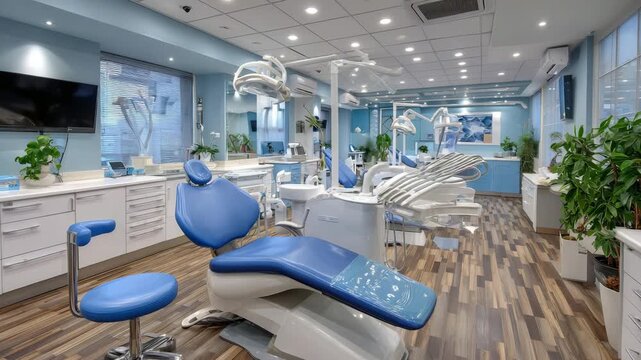 115Wide view of contemporary dental office, treatment chairs, dental lamps, instrument trays, professional oral healthcare environment, modern dentistry practice concept, clean clinic