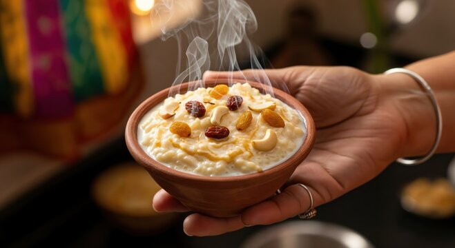 Traditional Indian Rice Kheer Dessert in Clay Bowl for Diwali Festival Celebration