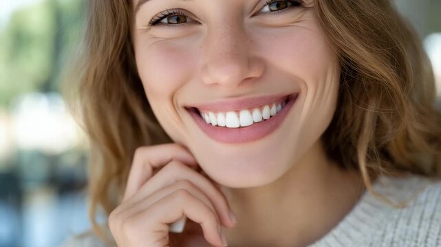 127Faceless young woman smiling with visible teeth, fingers gently resting near face, bright and airy close-up composition, professional dental care and oral hygiene concept, fresh na