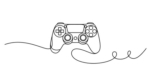 Minimalist single line art illustration of a gaming console gamepad on white background © Jotish_Design Store
