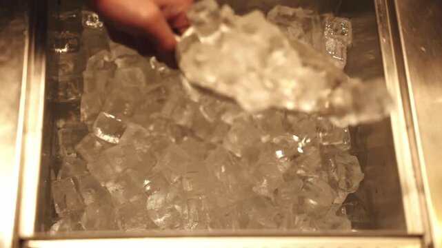 A close-up of a professional bartender using a metal scoop to gather ice cubes from a stainless steel ice bin at a bar.