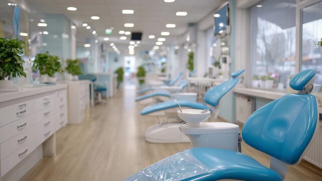 151Bright modern dental clinic showing treatment chairs and tool trays, professional stomatology service concept, oral health care environment, calm and organized clinical setting wit