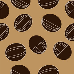 Seamless pattern with stylized coffee beans on warm beige caramel background, dark brown vector ornament