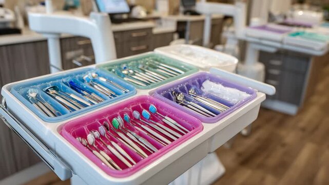 155Dental treatment room featuring organized instruments, sterilization trays, and professional equipment, modern stomatology practice, clinical interior emphasizing hygiene, oral hea