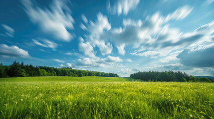 Fototapeta premium Panoramic view of lush green field and bright blue sky on a sunny day. Natural countryside landscape with fresh grass, trees and mountains in the background. Ideal for environmental, organic farming, 