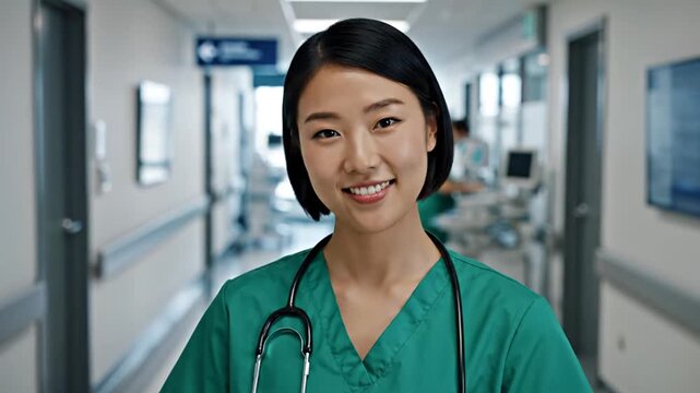 Smiling young Asian nurse in scrubs with stethoscope in hospital