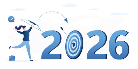 Fototapeta premium Successful businesswoman leader shot archery arrow hitting bull eyes of target year 2026. Business strategy plan, goal achievement. Financial target for calendar 2026 year.