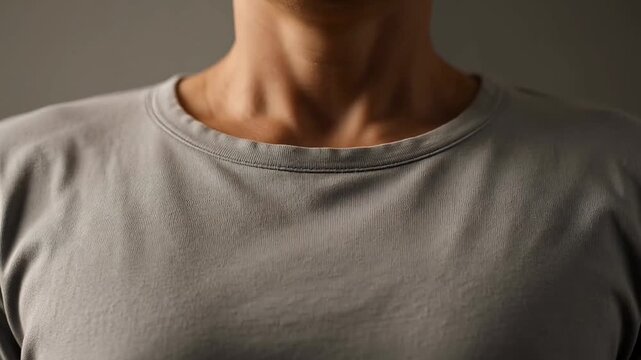 Close-up of person wearing casual gray t-shirt