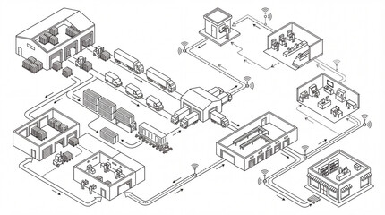 Monochrome Isometric Line Infographic Set of Supply Chain Map Flow from Warehouse to Retail and Return Logistics.