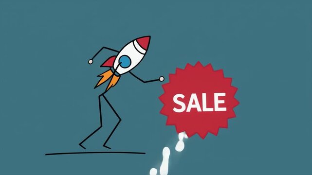 Stick figure launching a rocket with a red sale burst symbol against a teal background image photo