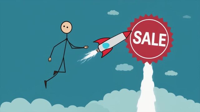 Stick figure flying with a rocket and a red sale burst symbol against a blue sky with clouds image photo
