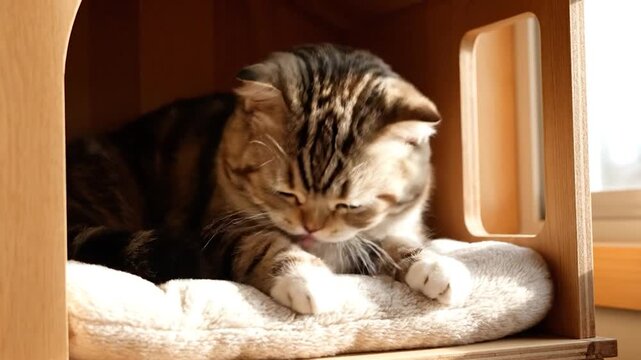 A tabby cat rests on a soft cushion inside a wooden structure, illuminated by sunlight