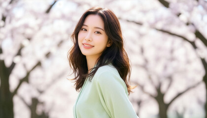 春の桜を背景にやわらかく微笑む若い日本人女性のナチュラルポートレート、満開の花びらボケが美しい屋外シーンで、ライフスタイル・春の人物素材