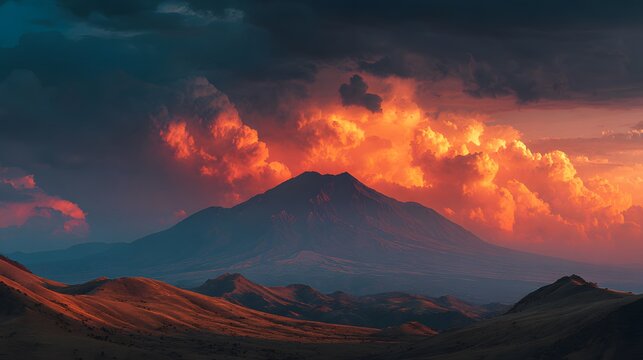 Majestic stratovolcano dominates the horizon during a fiery sunset, featuring glowing orange clouds and god rays illuminating rugged hills.