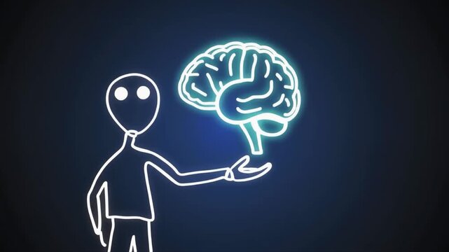 A stick figure holding a glowing brain in its open palm against a dark blue background light