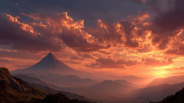 Majestic stratovolcano dominates the horizon during a fiery sunset, featuring glowing orange clouds and god rays illuminating rugged hills.