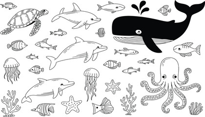 Marine animals vector illustration set, ocean sea life collection with whale dolphin octopus fish line art design © jamiul