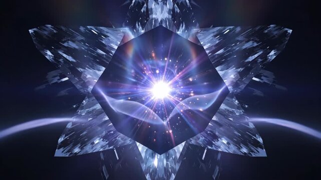 Abstract glowing gemstone with radiant light effects and starburst pattern