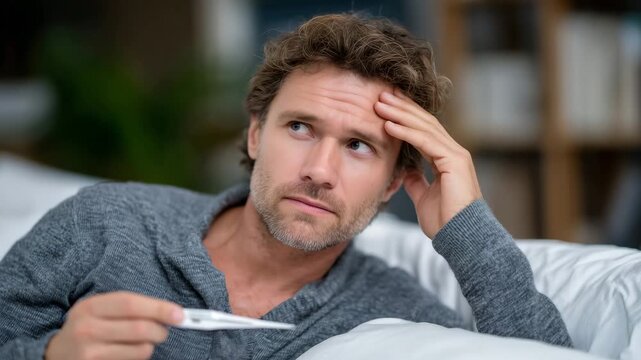 452Faceless person sitting in bed with thermometer, hand on forehead, showing fatigue and fever, seasonal cold sickness concept, headache and illness symptom, defocused indoor backgro