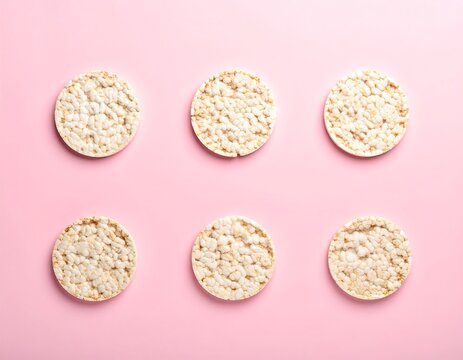 Six round, puffed rice cakes arranged in a 2x3 grid, viewed from above, on a pink surface