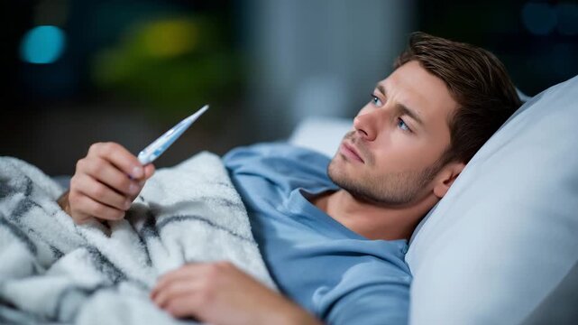 464Faceless person resting with thermometer in hand, seasonal cold and fever symptoms, headache and exhaustion concept, lying in bed, defocused bedroom background with copy space