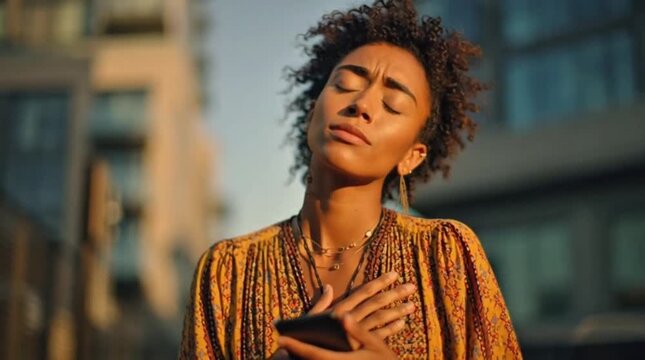 A woman with eyes closed and hand on heart in sunlight, conveying peace and emotional connection