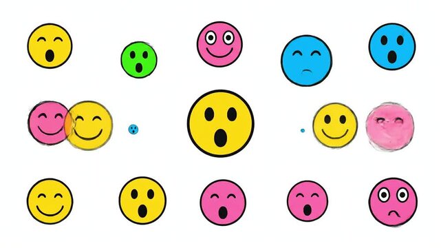Seamless looping animation of colorful minimalist smiley faces on a clean white background. Bright neon expressions gently change from happy to surprised in a flat, modern vector style.
