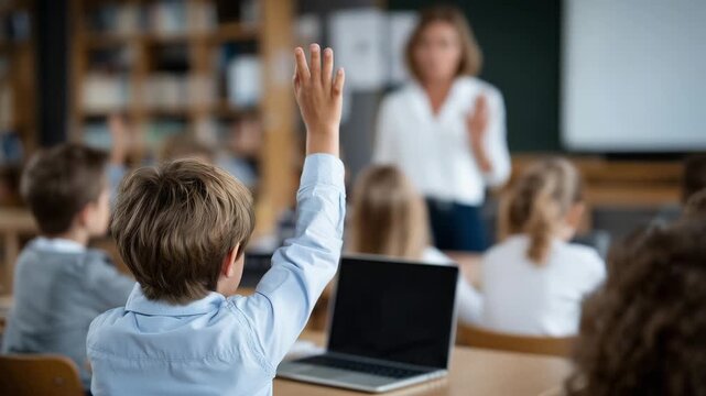495Diverse school kids raising hands while teacher explains with laptop, faceless educator facilitating digital lesson, modern classroom technology and educational interaction, defocu