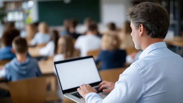 504Faceless teacher leading classroom using laptop, students of various ethnicities paying attention, digital instruction and active learning, modern educational technology setup, def