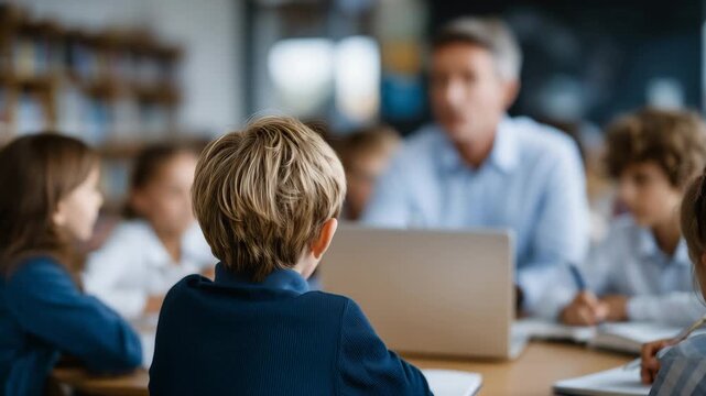 505Faceless teacher and diverse students gathered around laptop, active learning and digital instruction moment, modern classroom technology and student engagement, defocused learning