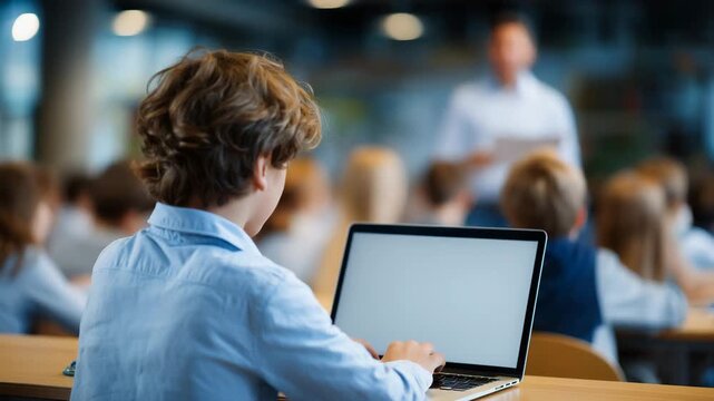 506Faceless teacher and diverse students gathered around laptop, active learning and digital instruction moment, modern classroom technology and student engagement, defocused learning