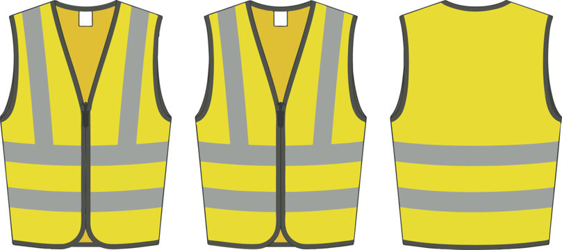 Bright yellow high-visibility safety vests with reflective stripes, protective workwear CAD drawing, front and back view flat vector