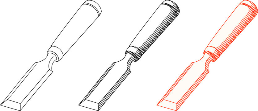 Vintage wood chisel illustration set Hand drawn etching style,a carpentry tool.for woodworking branding, artisan logos, and DIY workshop materials.