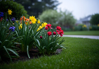 Vibrant flower bed with dew in spring garden setting