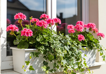 Vibrant pink geranium flowers in white window box with ivy