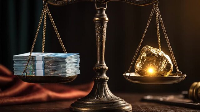 Antique balance scale with money and glowing gold nugget