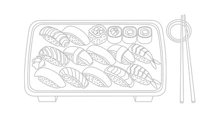Line drawing of a sushi takeout box with various rolls and chopsticks © JOHIRUL_STUDIO