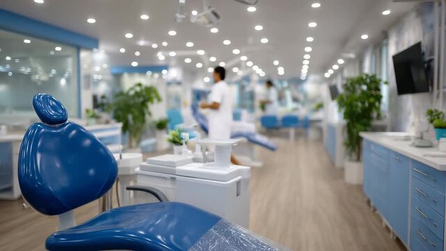 Bright modern dental clinic showing treatment chairs and tool trays, professional stomatology service concept, oral health care environment, calm and organized clinical setting wit