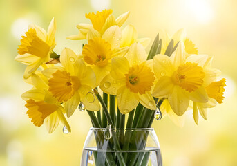 Vibrant yellow daffodils with dew drops in glass vase