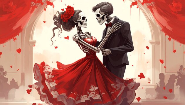 Skeleton couple, bride and groom, in elegant dance with red roses and backdrop