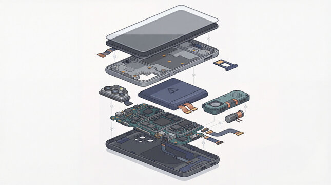 Exploded Isometric Smartphone Diagram Set ? Engineering Exploded View with Separated Components for Product Assembly Explanation.
