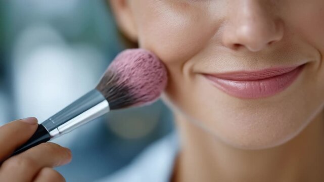 Close-up of faceless female applying pink blush, precise brush technique, facial color enhancement and makeup artistry, defocused soft background for stock photography with copy sp