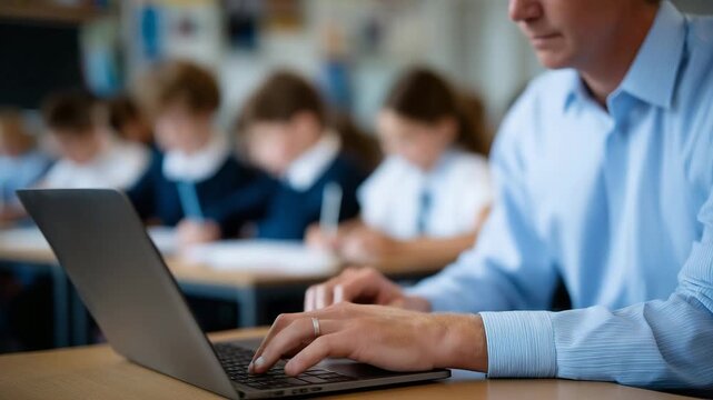 Close-up of faceless teacher hands on laptop keyboard, students in background paying attention, digital education and instructional activity, classroom technology engagement, defoc