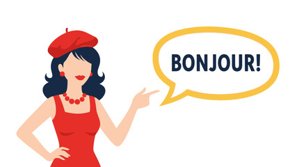 Stylish French Woman in Red Beret Pointing to "BONJOUR!" Speech Bubble - Friendly Greeting Illustration © Uuls