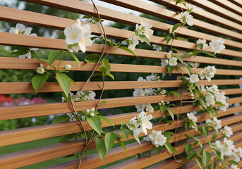 Wooden slatted fence with climbing white flowers outdoors
