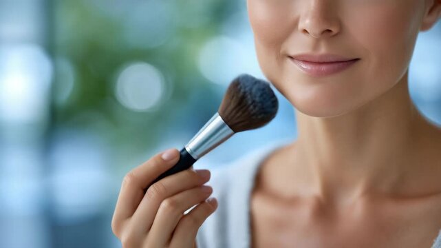 Close-up of faceless woman holding blush brush to face, gentle application of cosmetics, makeup artistry and beauty care visualization, defocused modern vanity background with copy
