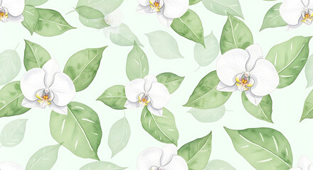 Obraz premium Beautiful white orchids and green leaves on light background