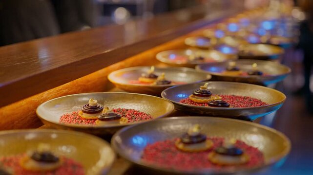 A gourmet dinner at a restaurant. Gastronomic food and dishes. Decorations and sophistication of signature dishes from the chef. Food as art. Bright colors of the dishes.