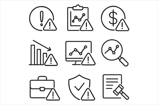 Collection of warning and business related line icons in black and white