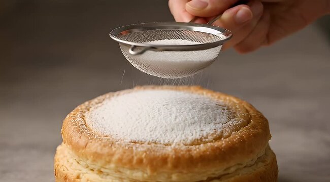 A hand sifting powdered sugar onto a delicious baked good for finishing touch